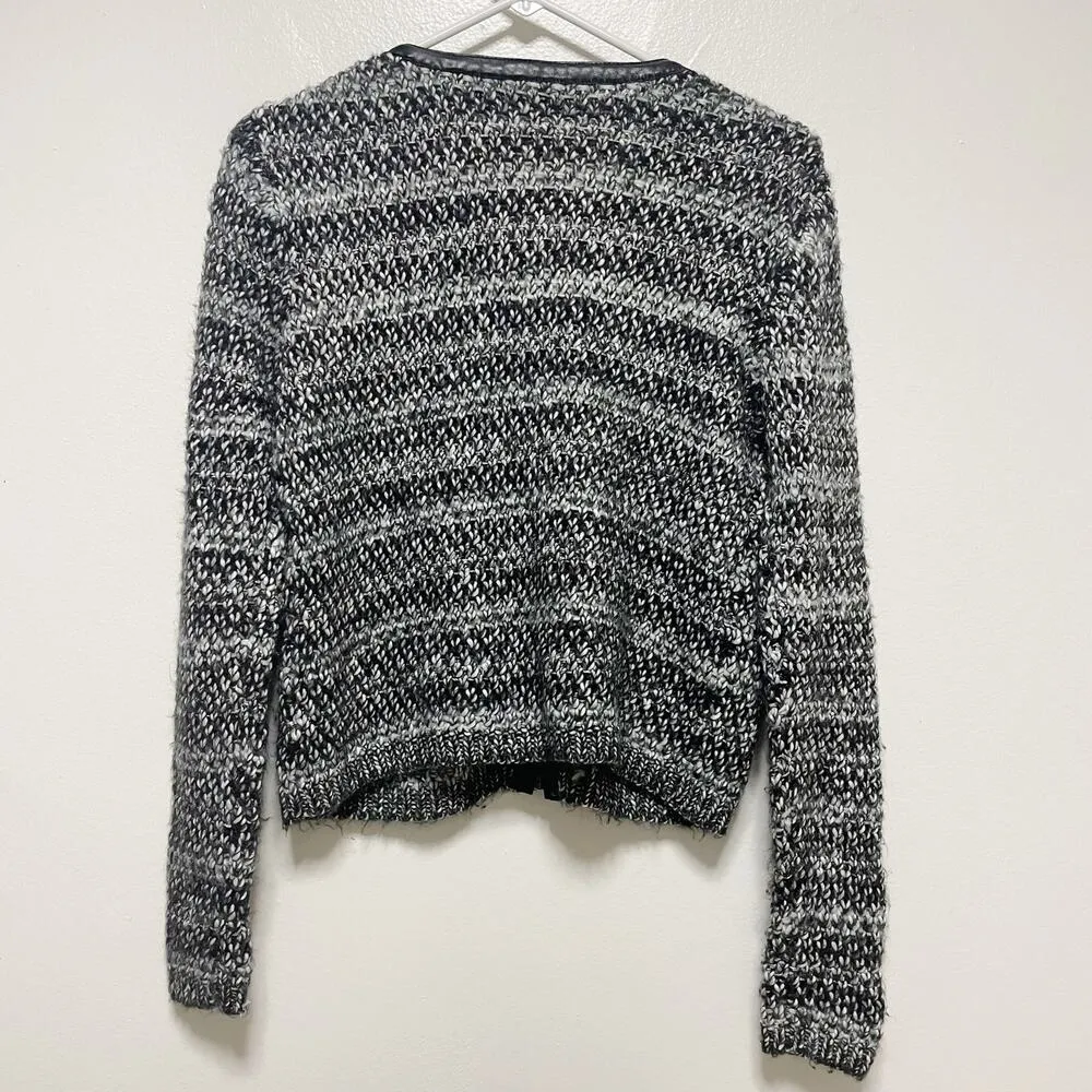 Joie Black White Leather Trim Long Sleeved Knit Zip Up Sweater - Image 5