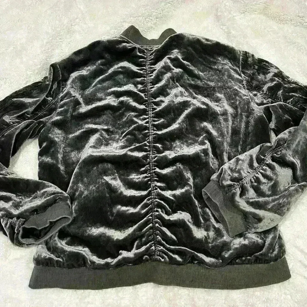 Free People Ruched Plush Velvet‎ Bomber Jacket Medium Gray Draped Zip Front - Image 6