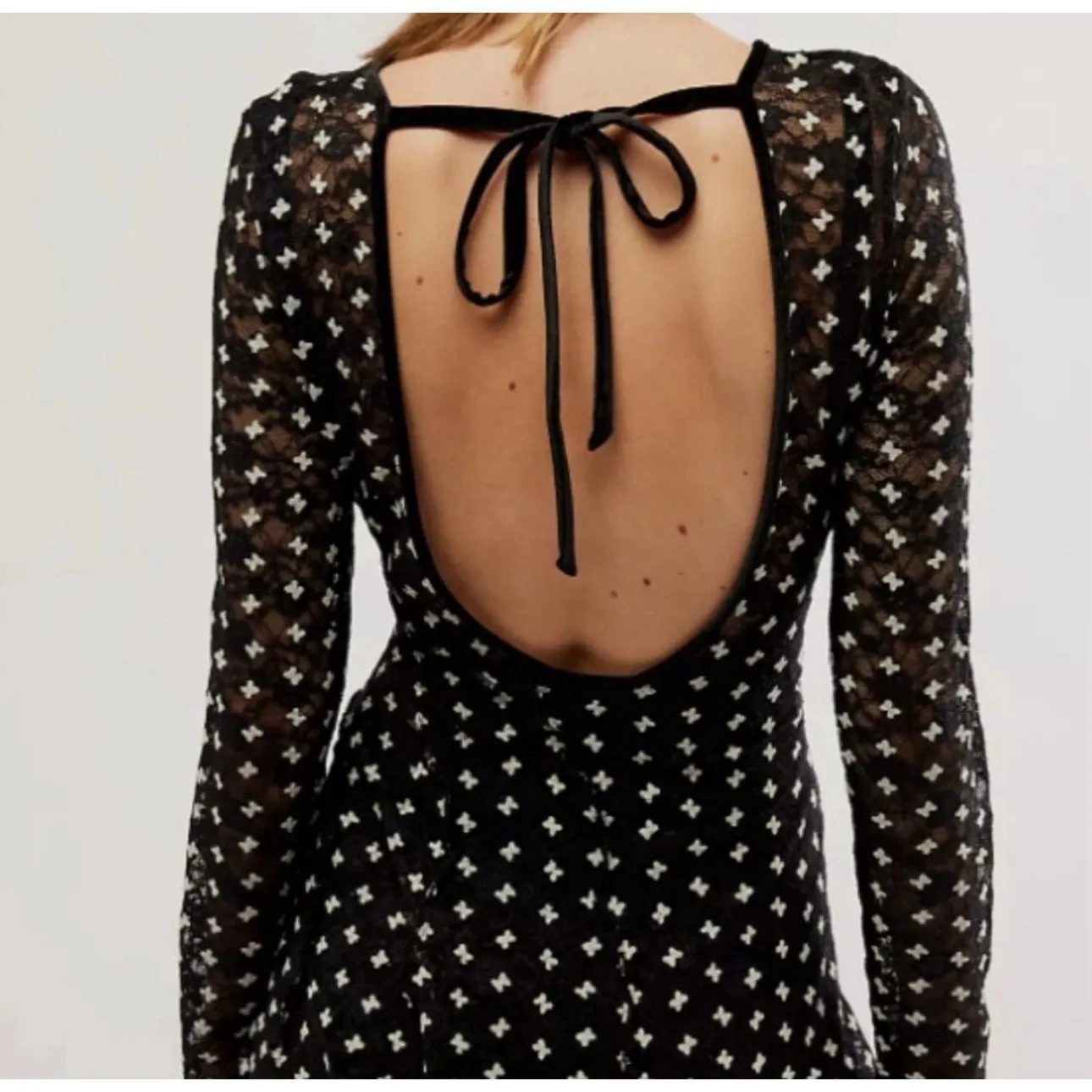 Free People sz L Womens Sheer Delight Open Back Long Sleeve Velvet Print Dress - Image 3