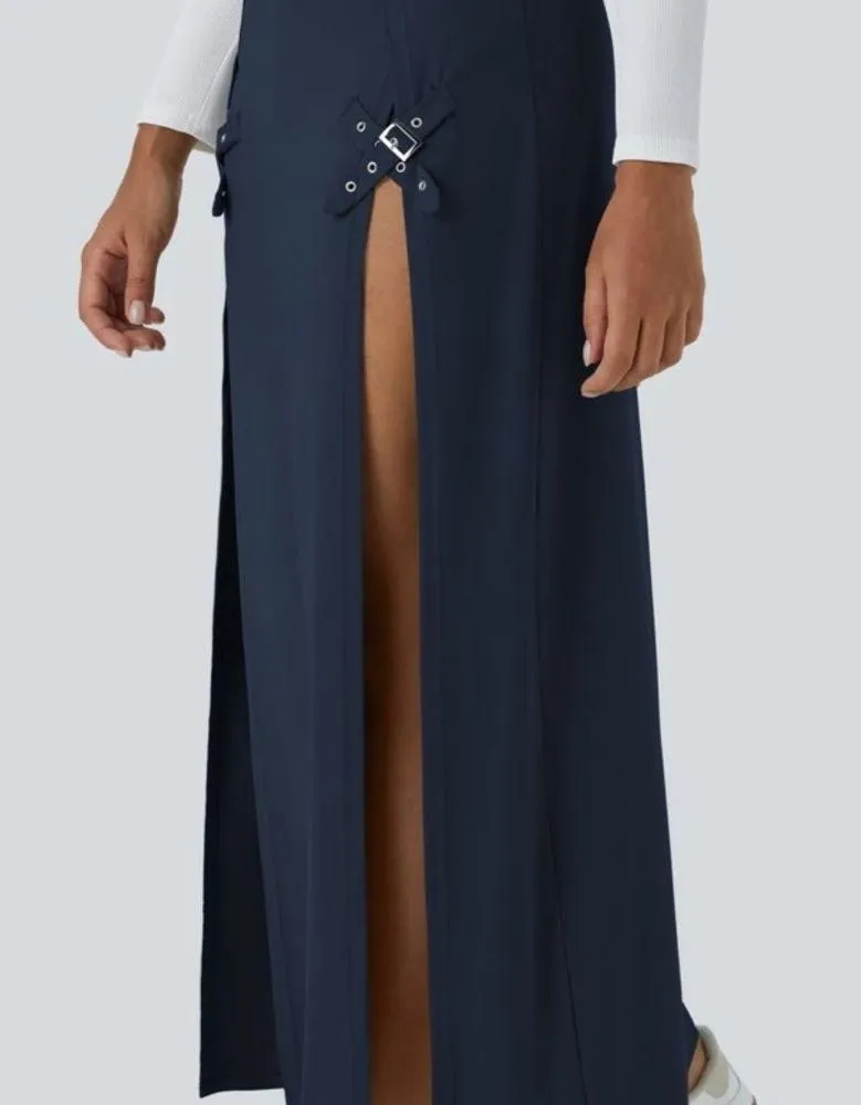 High Waisted Decorative Buckle Split 2-in-1 Maxi Casual Skirt - Image 3