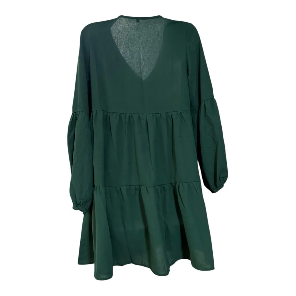 Dark Green Tiered Babydoll Dress Cottagecore Romantic Long Sleeve - Image 5
