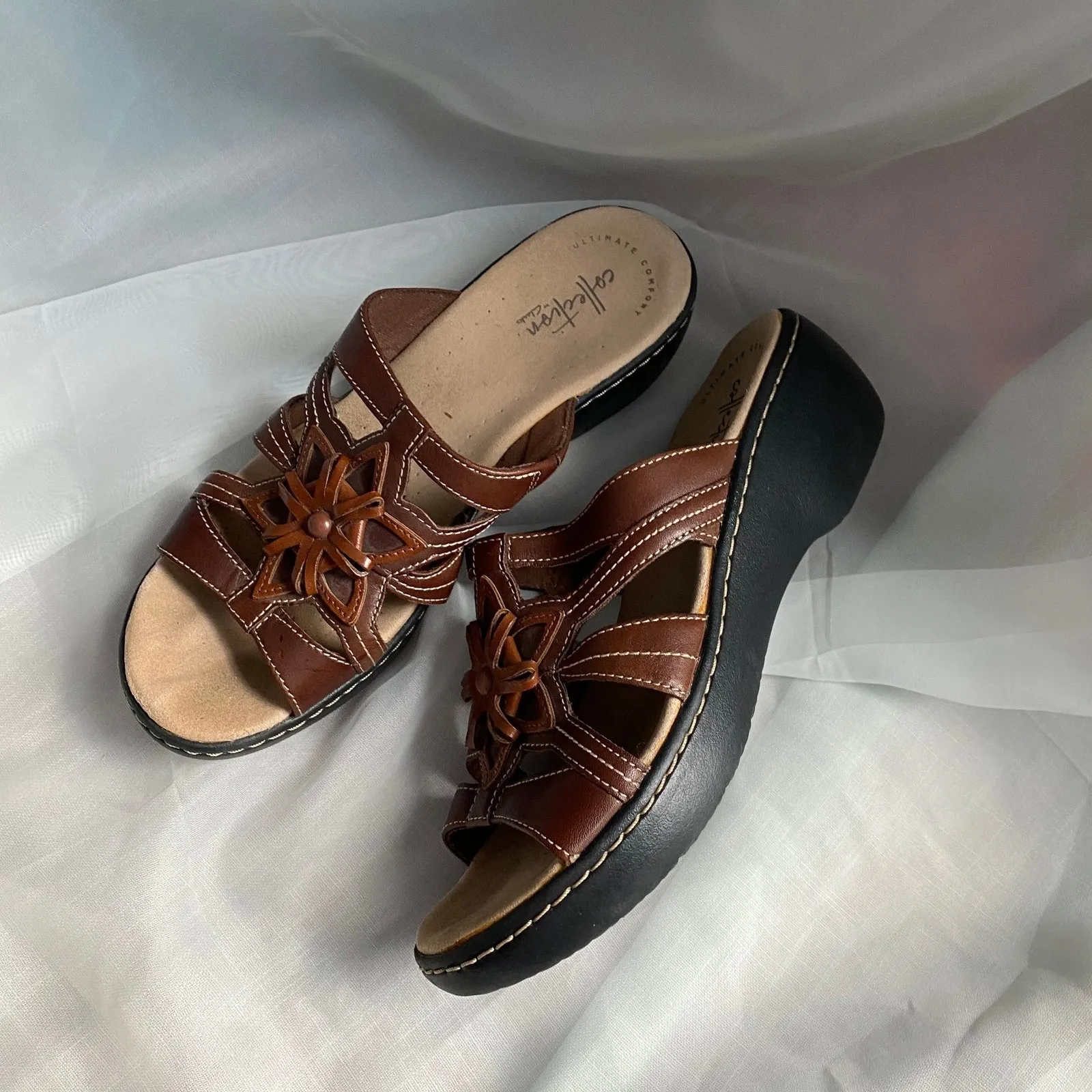 Vintage Leather Floral Star Brown Wedge Sandals 8.5 Y2K 90s Bohemian Festival - Image 2