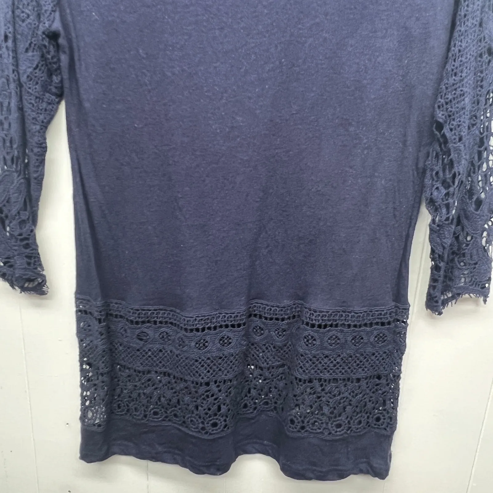 Monoreno Linen Cotton Crochet 3/4 Sleeve Women's Top Size Small Long Length - Image 8