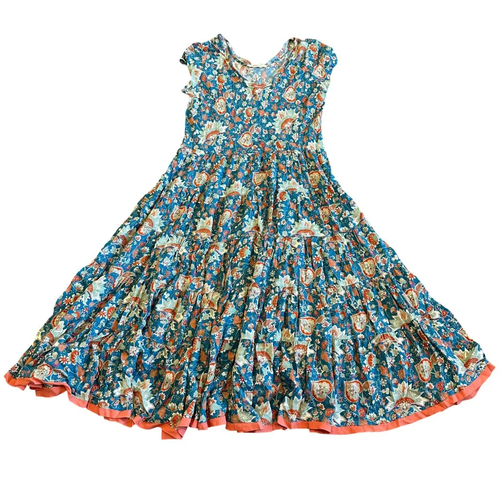 Soft Surroundings Kara Midi Dress Fiery Teal Print T-Shirt Flowy Petite Medium - Image 3