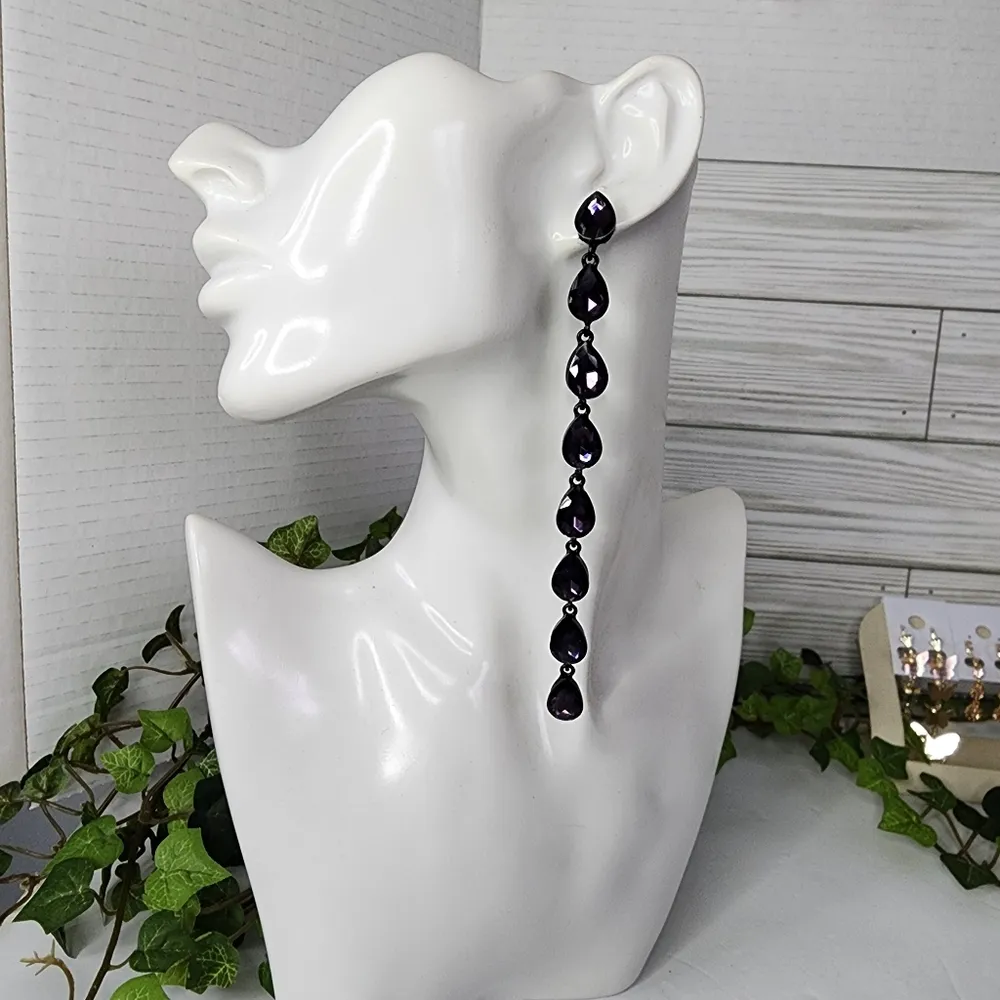 Long Purple Crystal Teardrop Dangle Earrings - Image 4