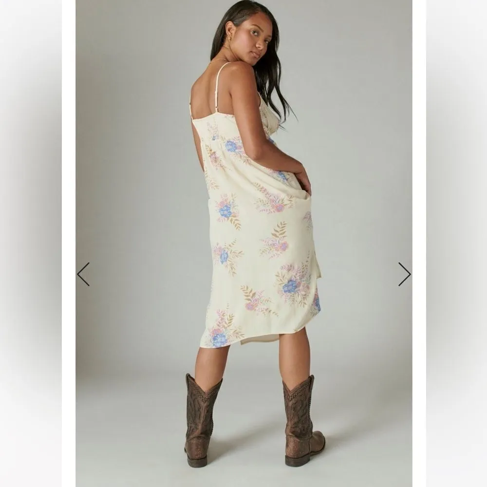 Lucky Brand Floral Printed Slip Dress Midi Cream Blue Size Small - Image 2