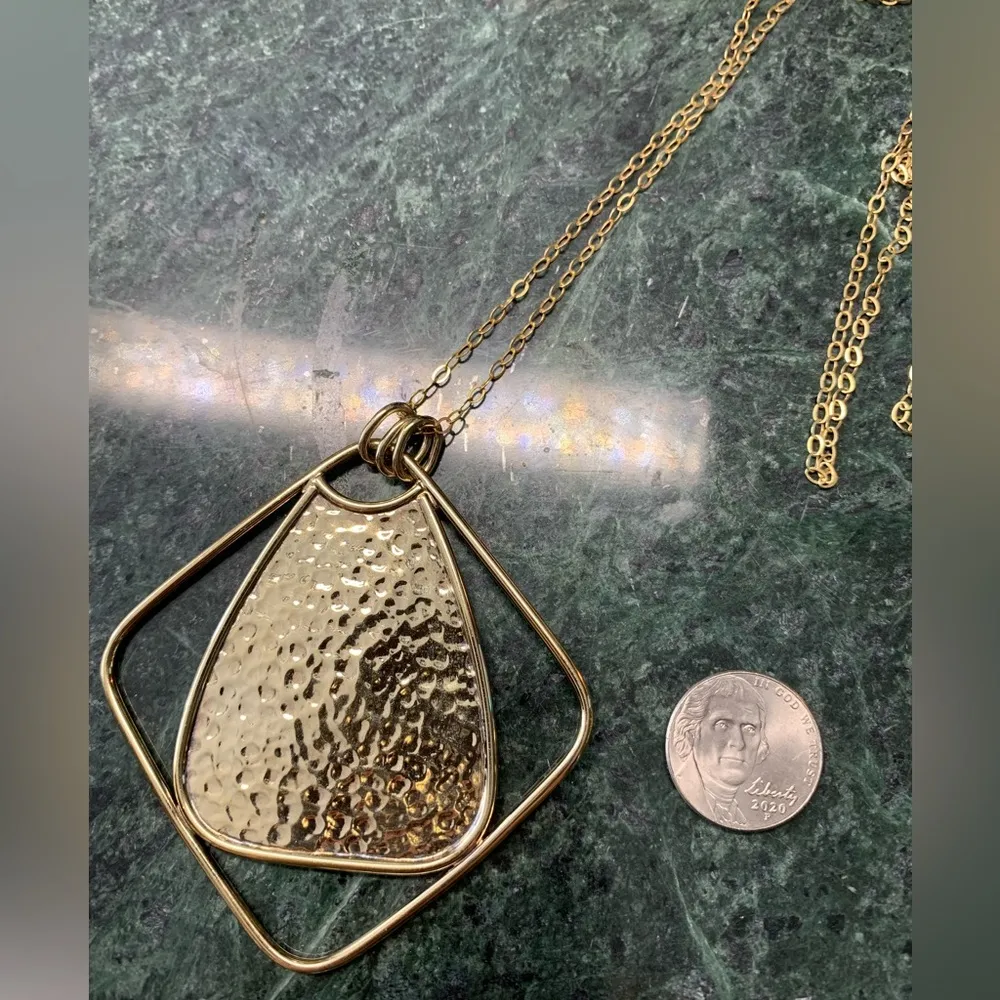 Geometric Hammered Finish Pendant Necklace Solid 925 Gold Plated 35” Long - Image 2