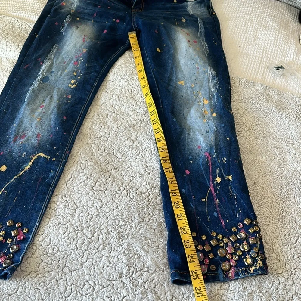 Dsquared Luxury Women's 32 Paint Splatter Slim Leg Studded Ankle Jeans Artsy - Image 13
