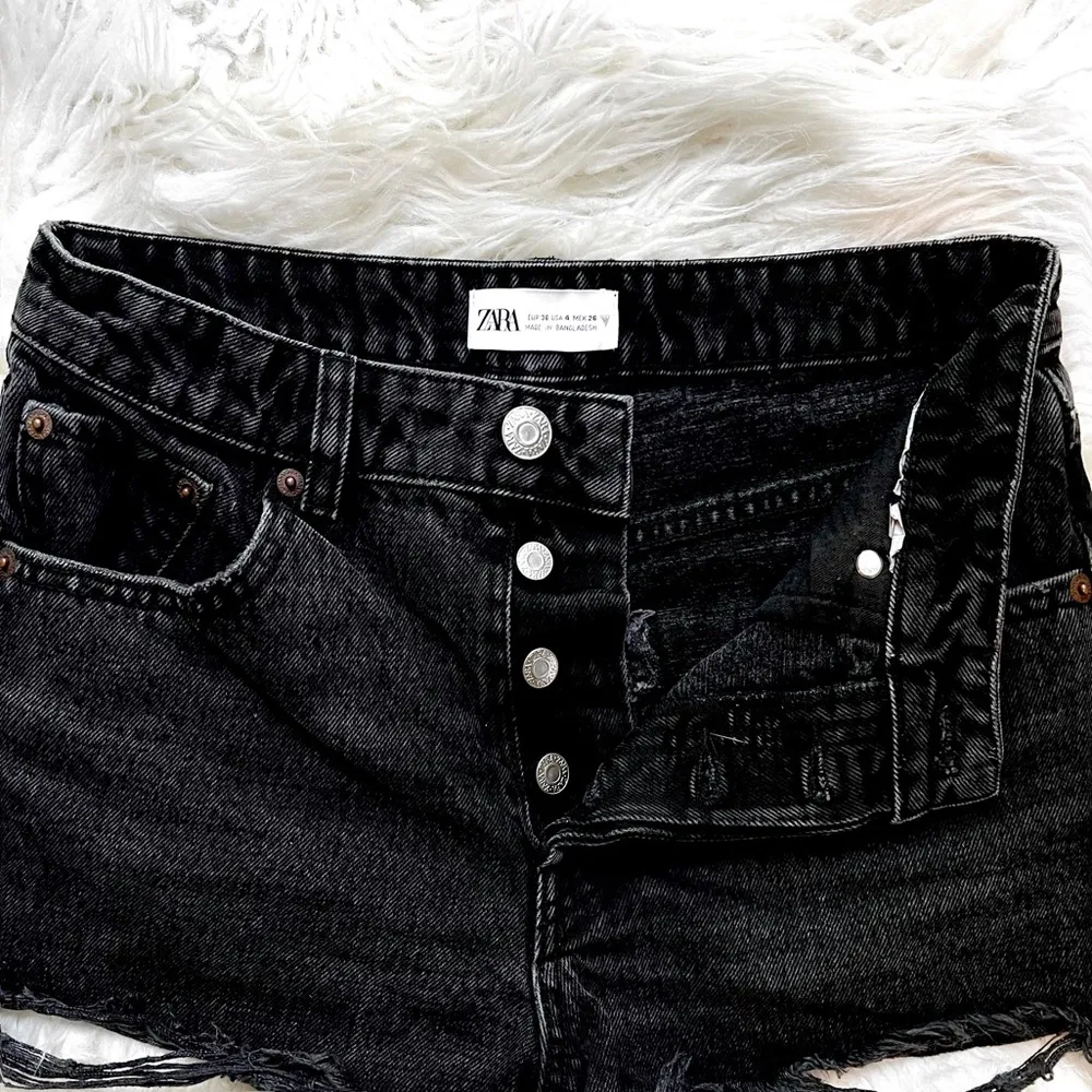 Black Distressed High Rise Raw Hem Button Front Denim Shorts - Image 5