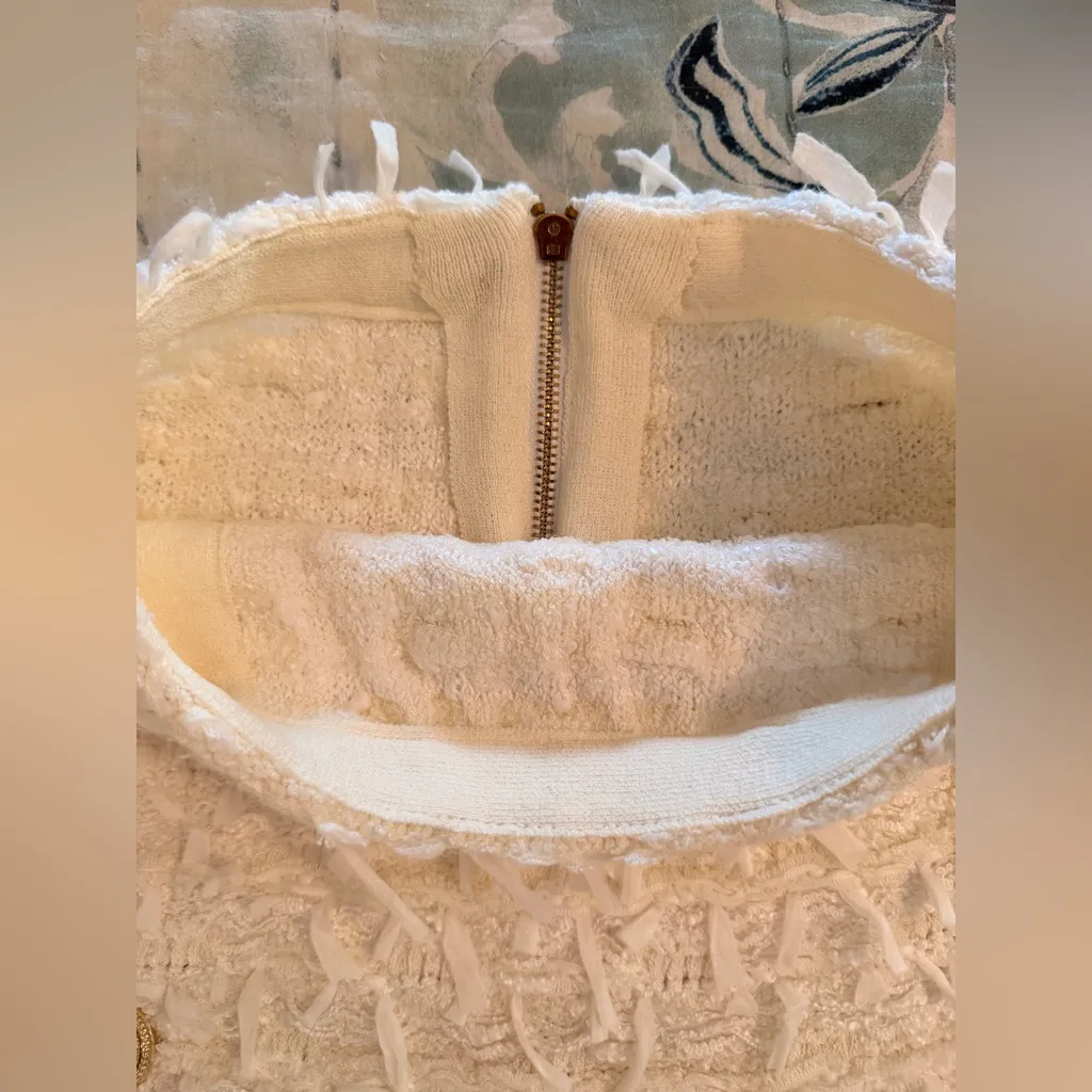 LOUISE JAMES XS Elegant Cream Top and Skirt Set Fringe Detail Tweed Gold - Image 5