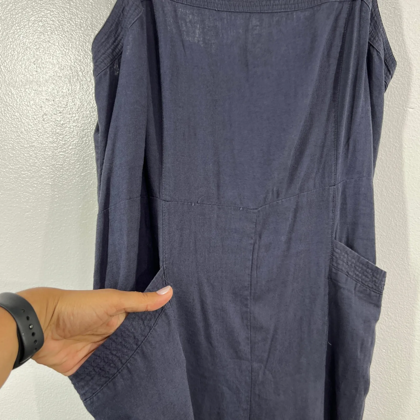 Nicole Miller Navy Blue Linen Blend Jumpsuit‎ Womens 16 Wide Leg Pocket Overalls - Image 6