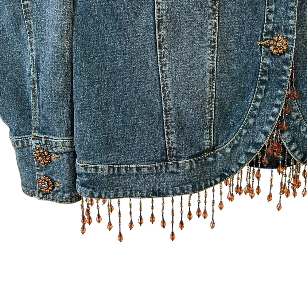 Diane Gilman Women’s Denim Funky Boho Jacket Rhinestone Buttons Beaded Fringe Blue Size M - Image 4