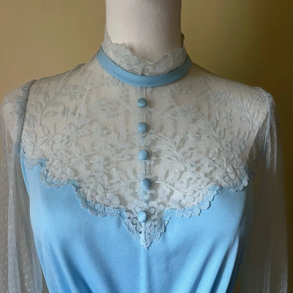 Vintage 70s Blue Lace‎ Long Sleeve Nightgown Hostess Dress Victorian Small - Image 3