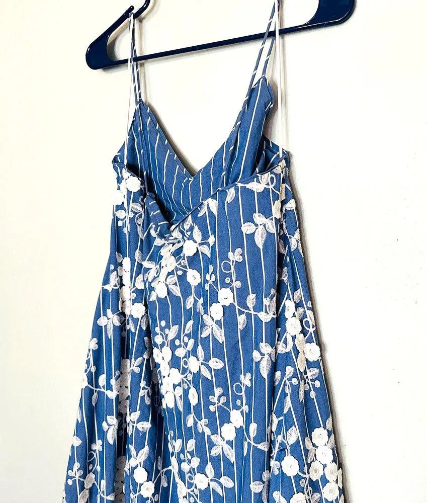 NICHOLAS Bloom Blue & White Floral Embroidered Striped Maxi Dress Size US 8 - Image 7