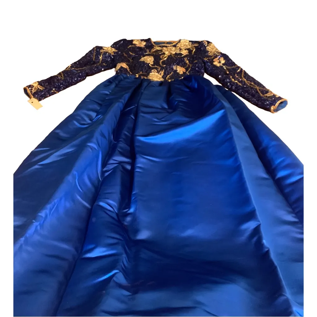 RICHILENE VINTAGE 1980'S BLUE, CREAM & GOLD SEQUIN & SATIN GOWN (S) Blue - Image 11