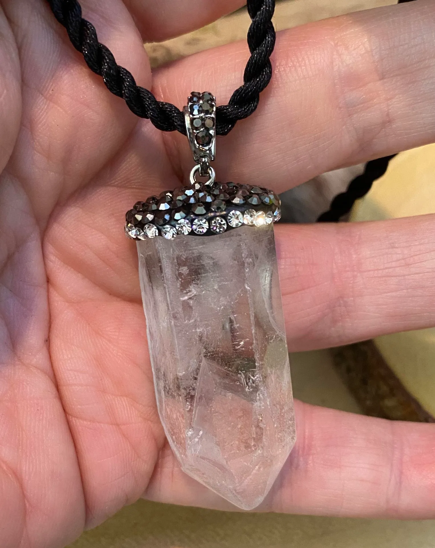 Clear Quartz stone encrusted pendant on silk cord White - Image 2