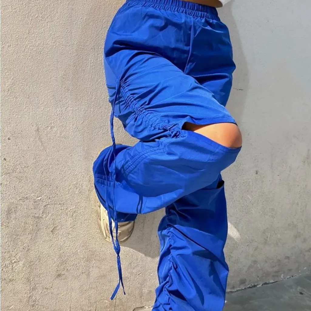 Royal Blue Adjustable Ruched Parachute Cargo Pants - Image 3