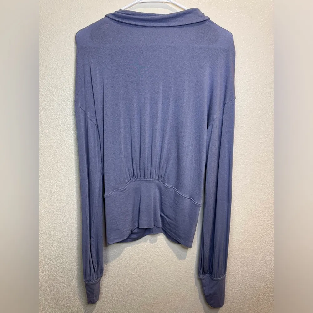 Free people Long Sleeve Rayon Drape Button Front‎ Blue Blouse Size XL - Image 4