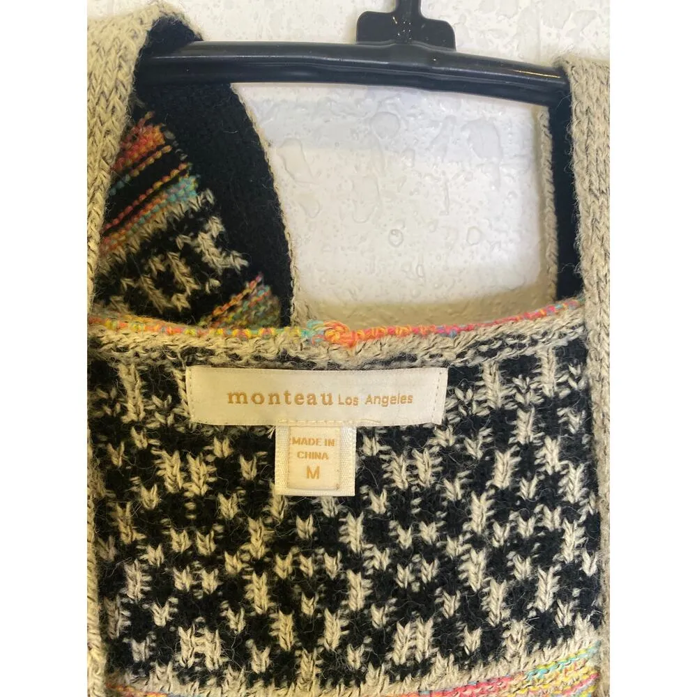 Monteau Los Angeles Long Sweater Vest EUC Sz M Open Closure Pockets Aztec Hooded - Image 3