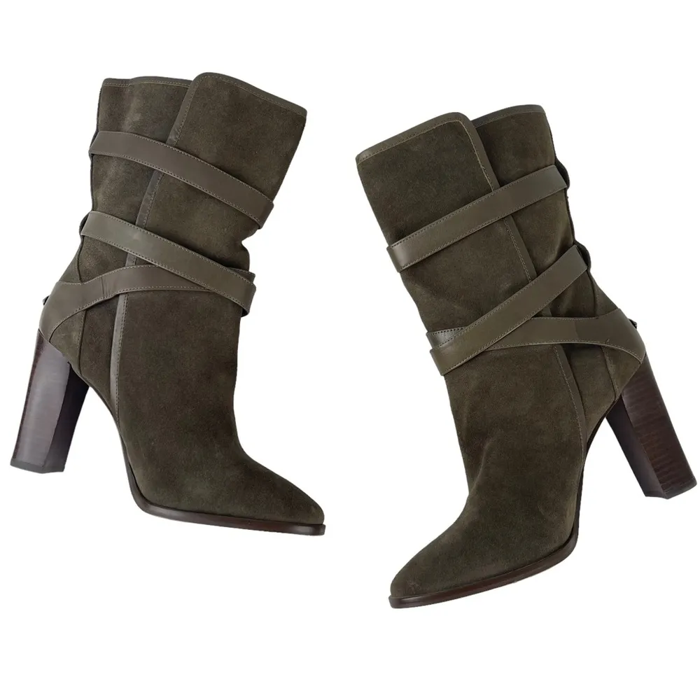 Coach Alexandra Fatigue Green Suede Midcalf Buckle Heel Bootie Boots Size 8 - Image 4