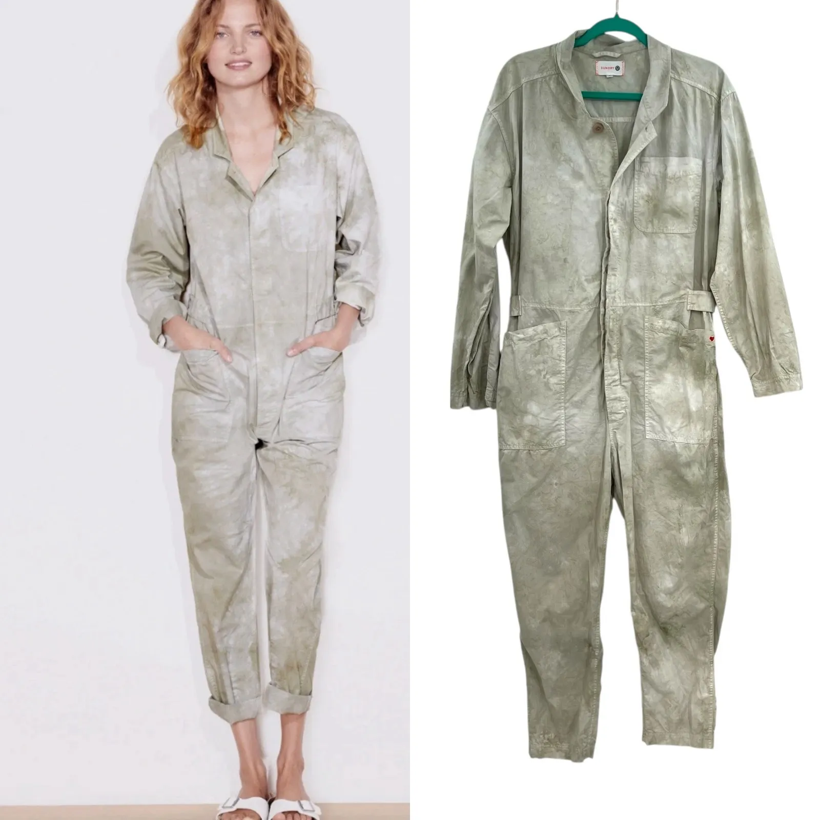 Sundry Flight Suit Jumpsuit Utility Coverall Tie Dye Green Cream Size 3 Large - Image 2
