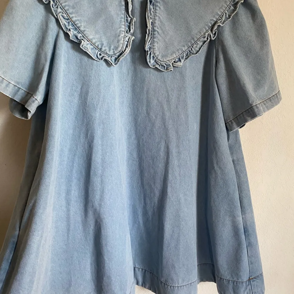 Mable Peter Pan Collar Denim Light Wash Pockets Cottagecore Peasant Mini Dress M Blue Size M - Image 5