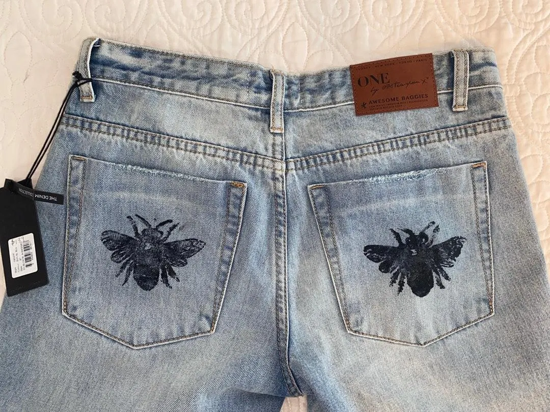 Custom Asymmetrical Butterfly Bee Mom Jeans - Image 4