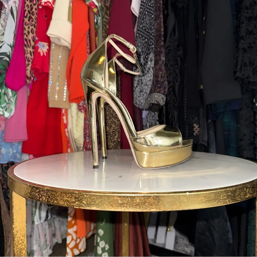 Jimmy Choo Gold Max 150 Mirrored-Leather Platform Stiletto Heel Open Toe Sandal - Image 2