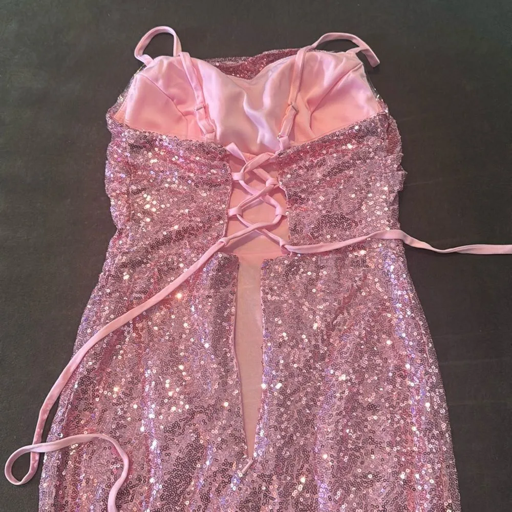 Women’s Pink Sequined Short Homecoming Party Dress Ruffle Hem CorsetBack Size 4 - Image 12