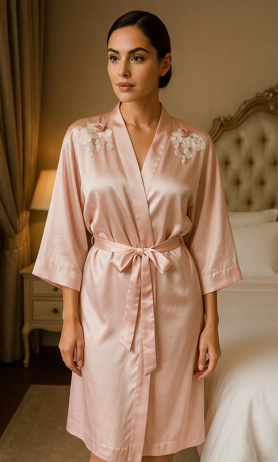 Vintage Intimate Concepts by Terry Russo Pink Floral Lace Applique Satin Robe Size M - Image 1