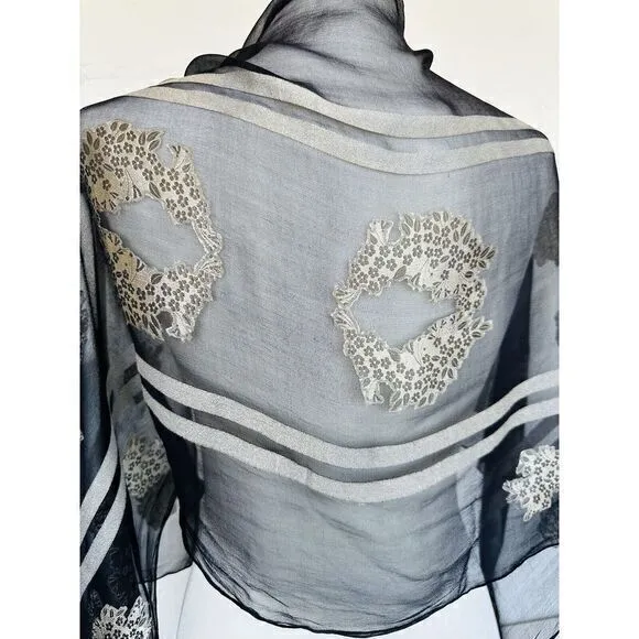 Vintage Black Silver Jacquard‎ Baar Beards Hand Rolled Silk Rayon Blend 19x46 - Image 7