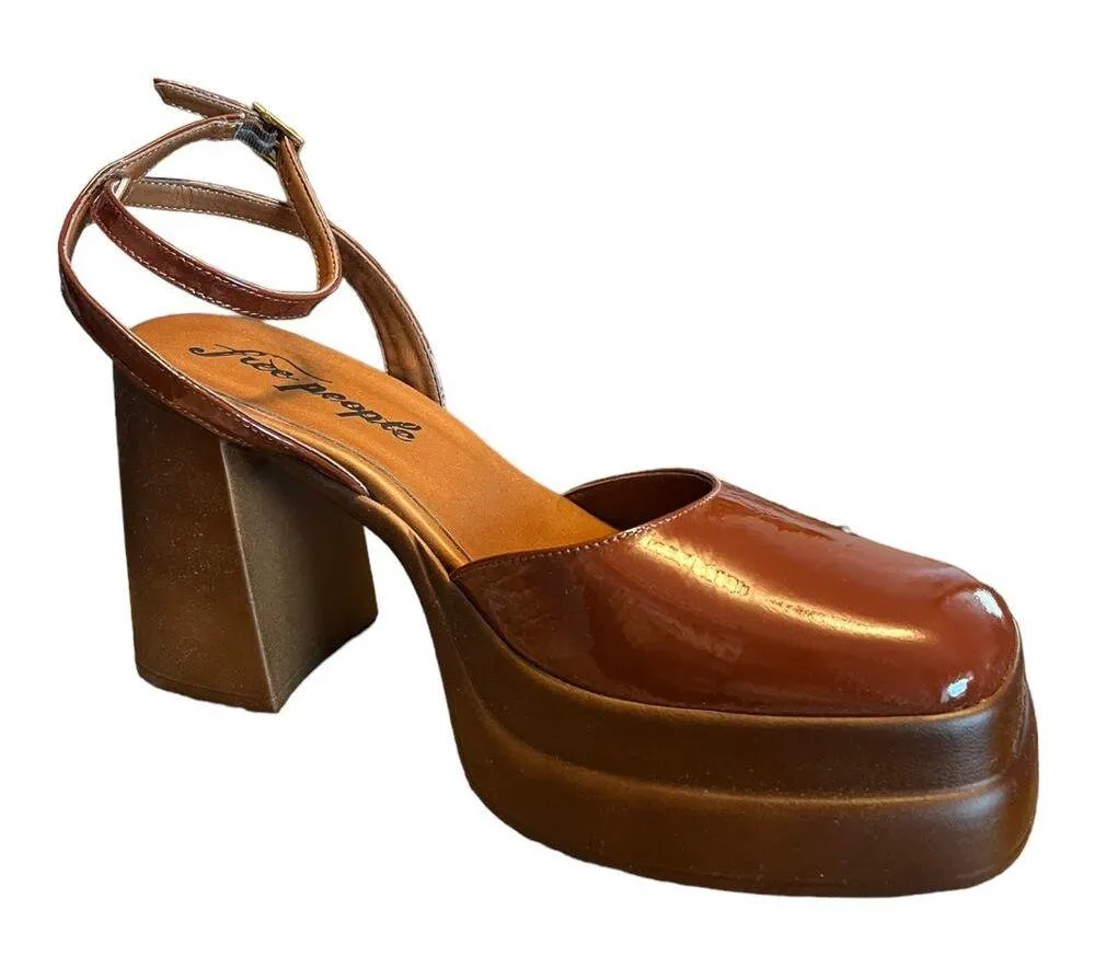 FREE PEOPLE Patent Leather Pumps Double Stack Platform Pecan Italy EU 39.5 US 9 - Image 13