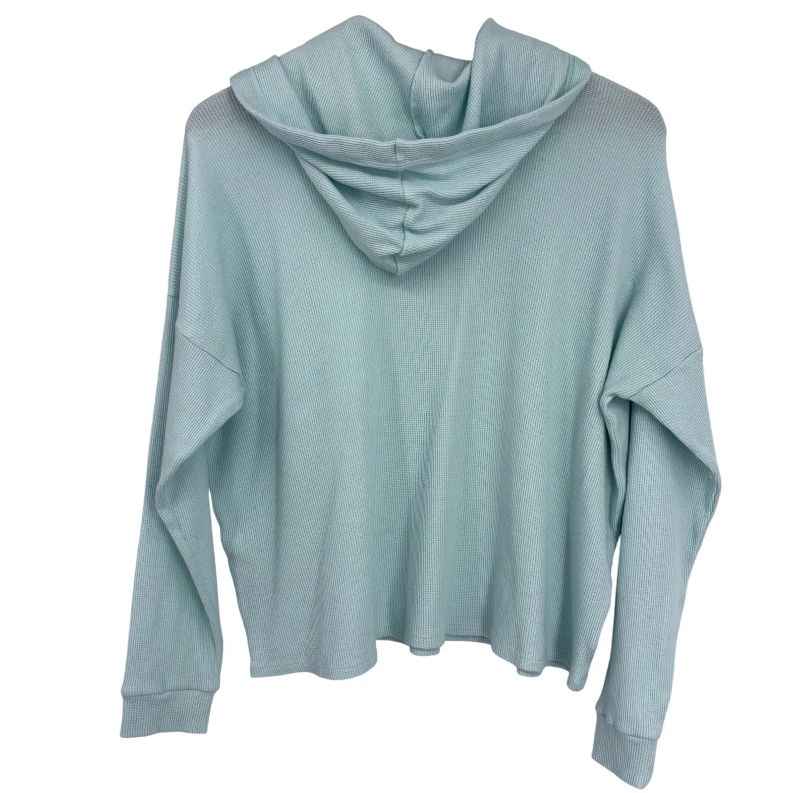 Eileen Fisher Waffle Knit Hoodie Light Aqua M Tencel Blend Drop Shoulder Cropped - Image 3