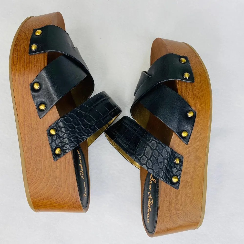 Sam Edelman Sandals Bane 7.5M Black Platform Leather Slide Wood - Image 4
