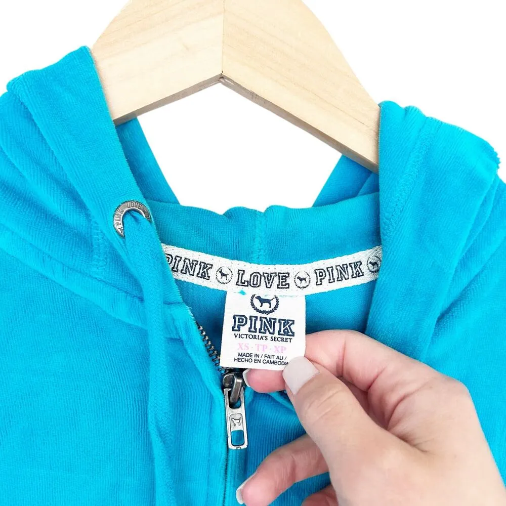 Victoria's Secret Pink Blue Velour Full Zip Sequin Hoodie Sz XS - Image 3