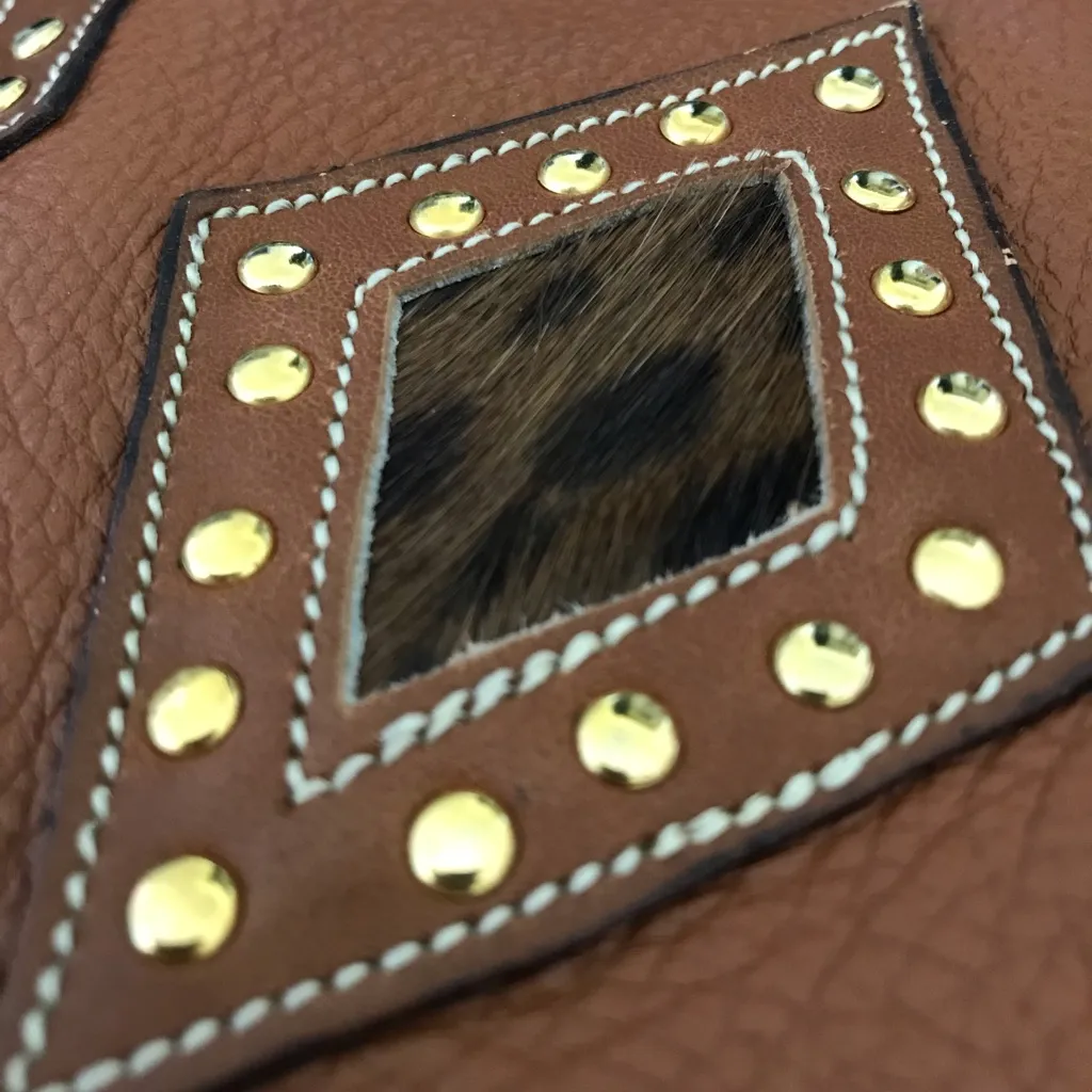 Vintage Leather Animal Print Studded Crossbody Purse Brown - Image 5