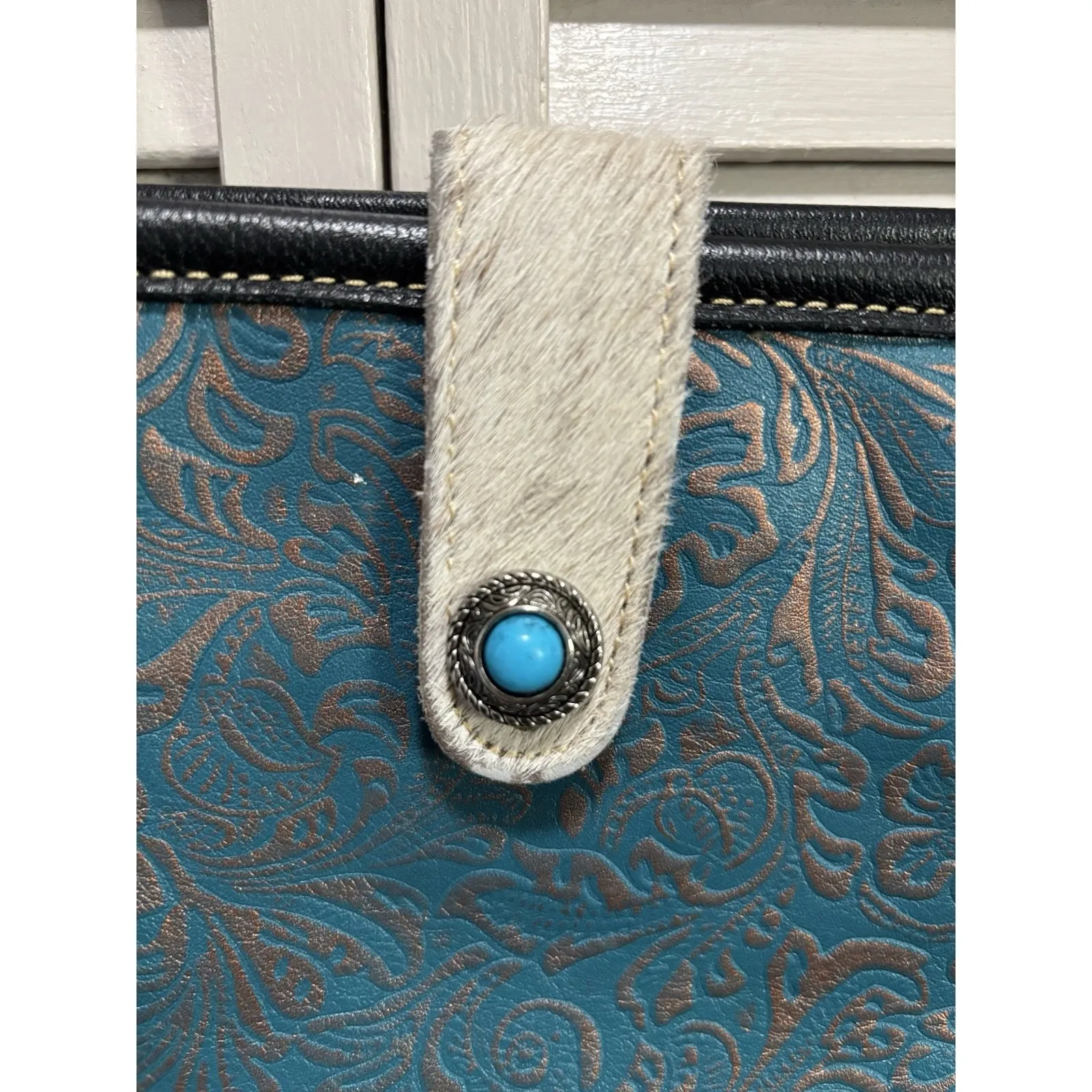 Myra Hair On Black/White‎ Leather Turquoise/Rose Gold Hand Tooled Shoulder Bag Black - Image 7