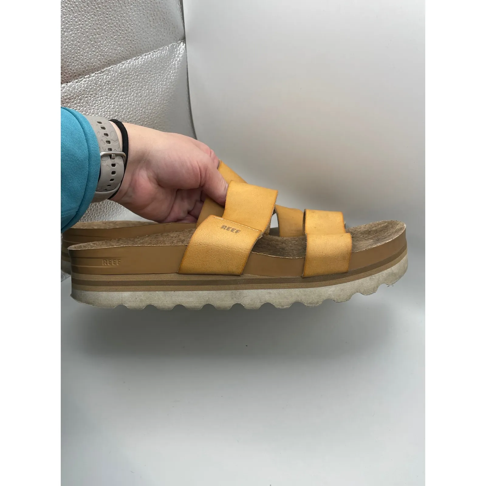 Reef Women's Tan Leather Double Strap Cork Platform Slide Sandals Size 9 - Image 3