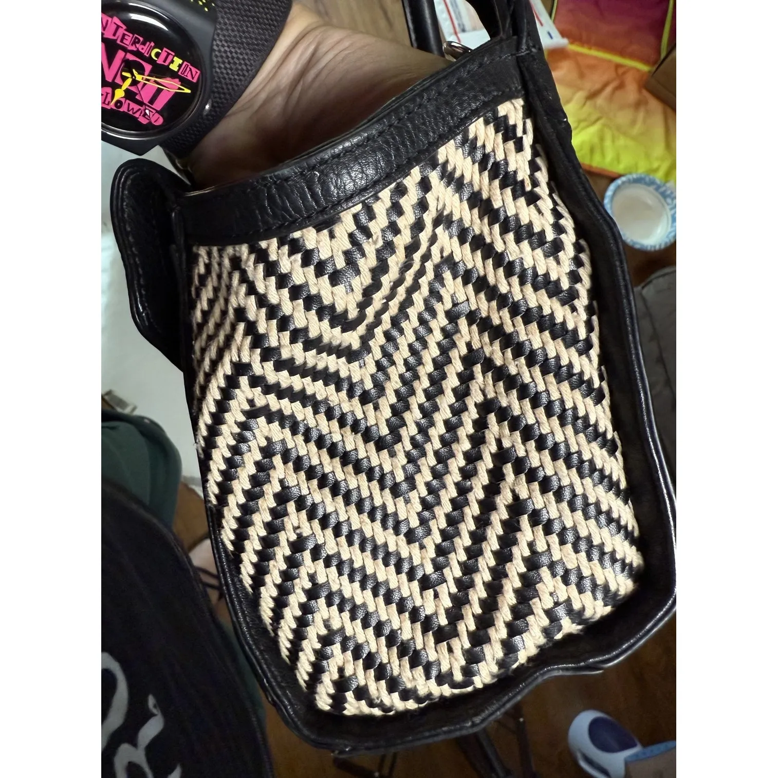 Vince Camuto Satchel Bag Womens Black Chevron Julia purse May Leather Purse Tote - Image 3