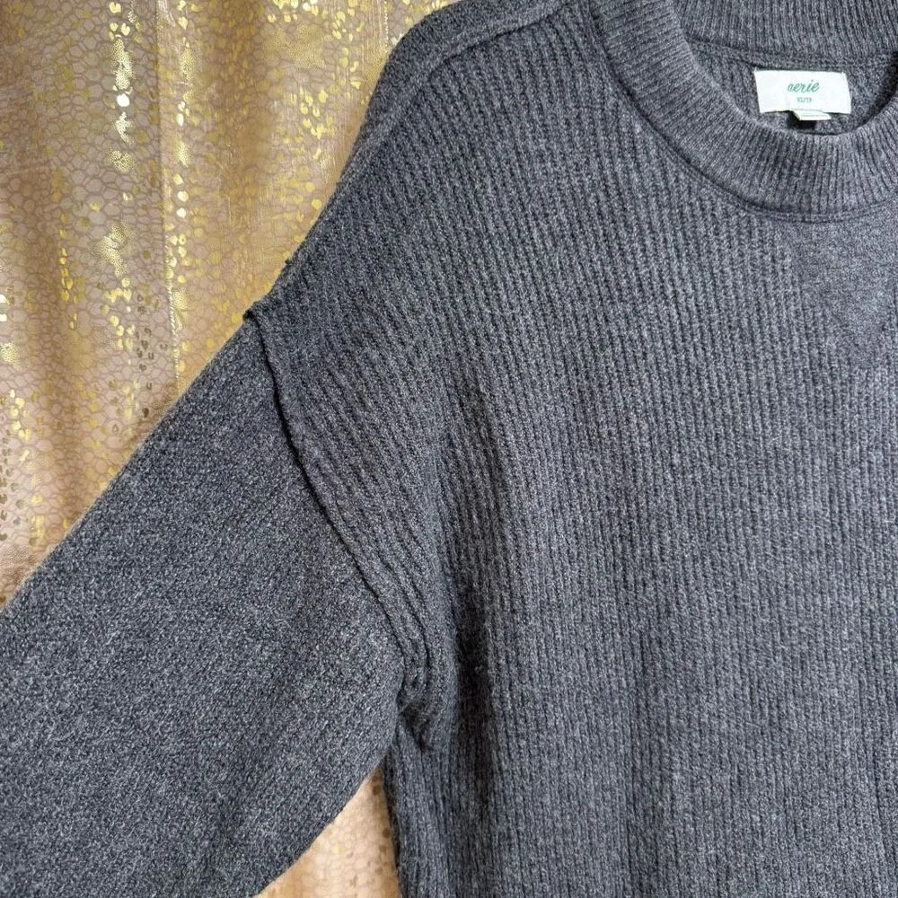 Aerie Dark Gray Oversized Ribbed Knit Drop Shoulder Crewneck Sweater XS - Image 4