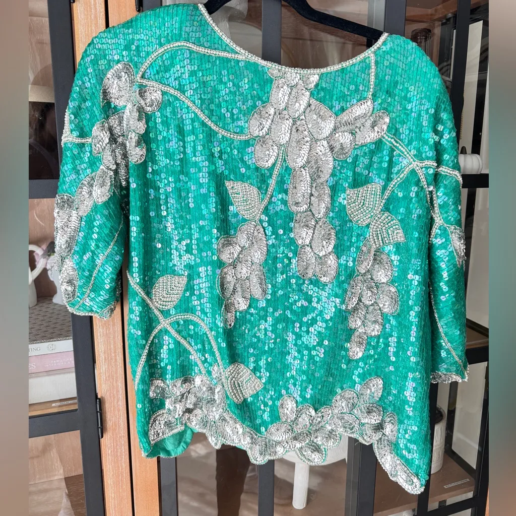 Vintage 80s Sequins Silk Beaded Top Emerald Floral life of a showgirl blouse Silver Size M - Image 8