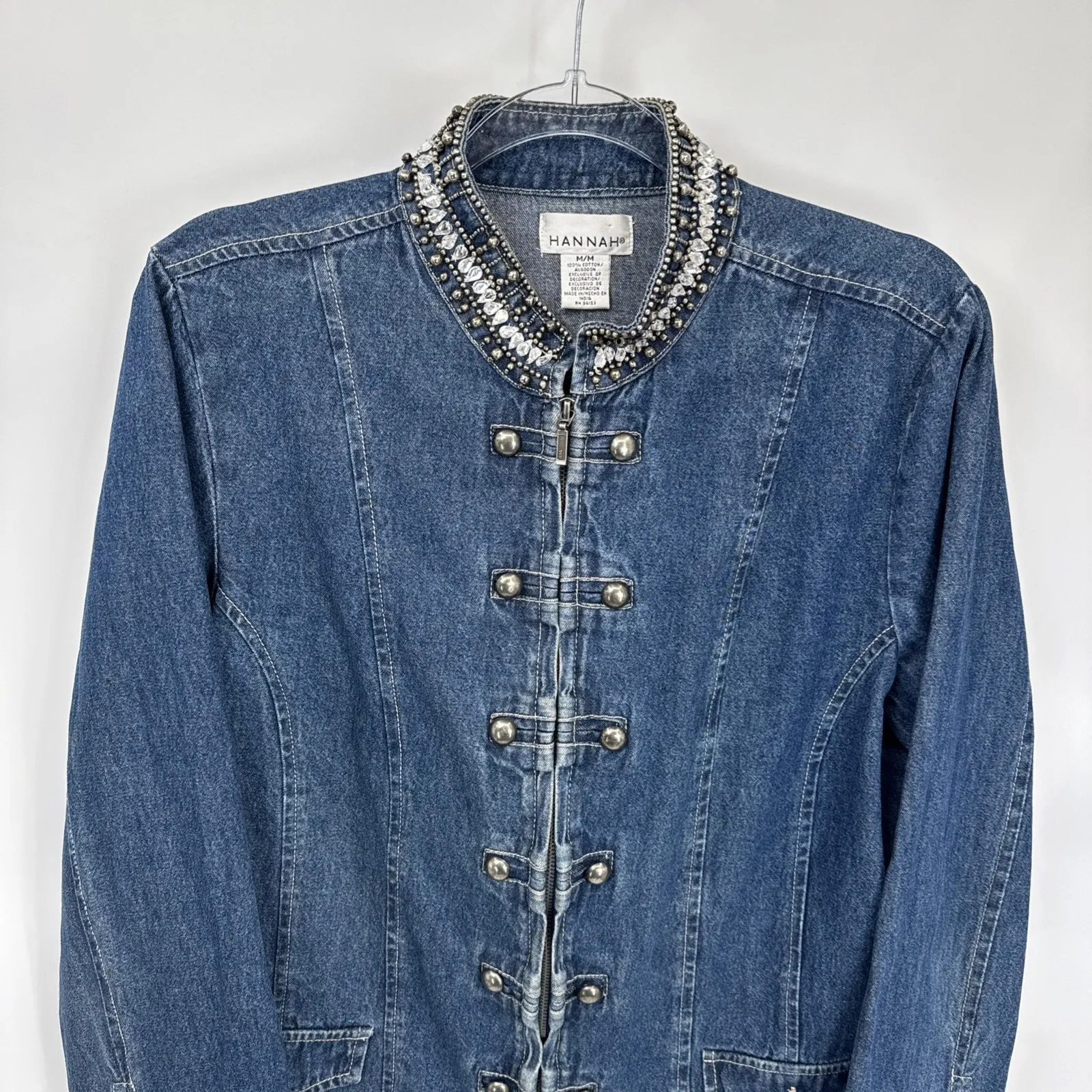 Vintage Hannah Denim Military Jacket Womens Medium Blue Jean Cotton Beaded - Image 2