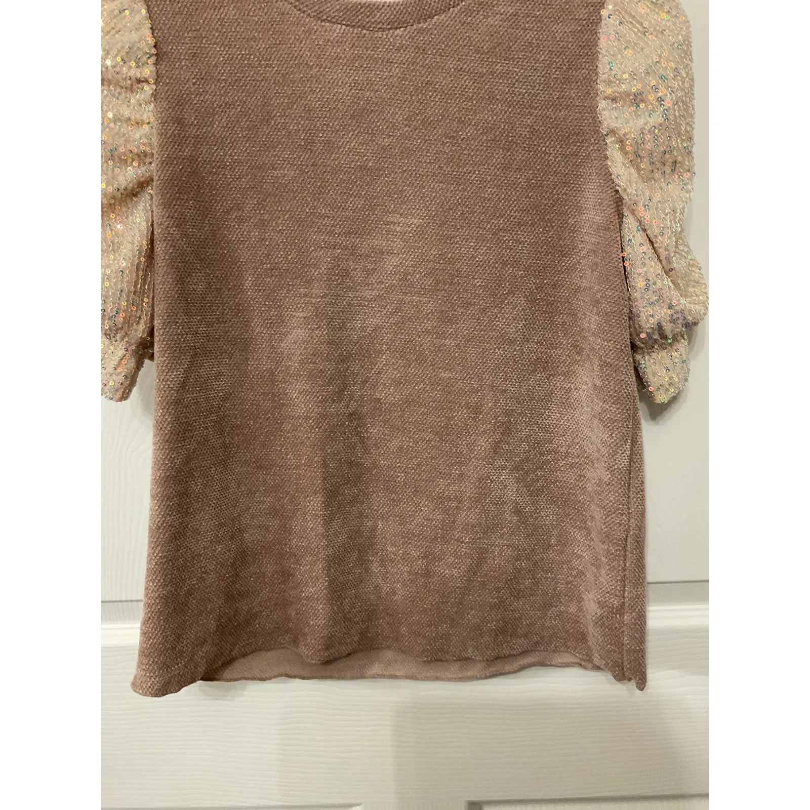 THML Short Gathered Puff Sequin Sleeve Brown Chenille Sweater , S - Image 3