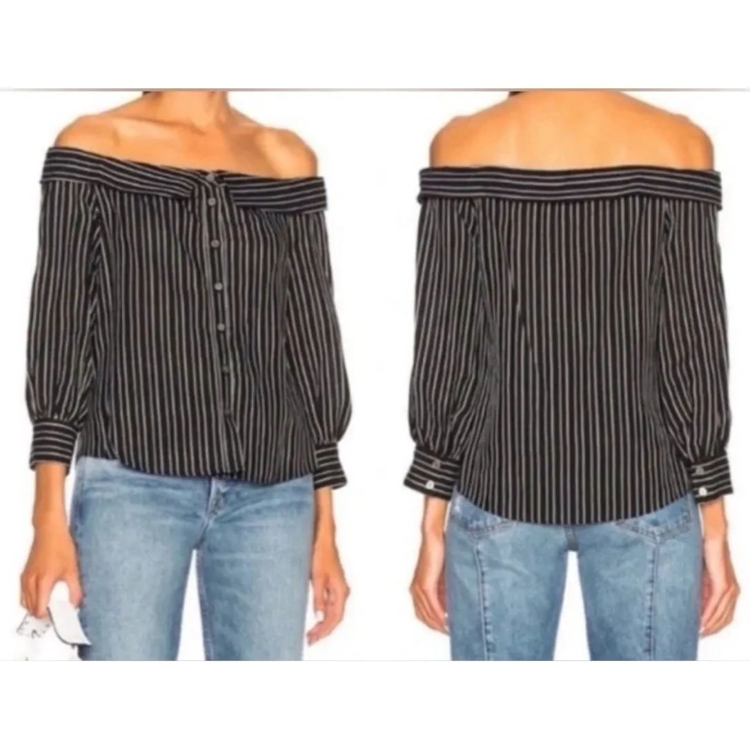 Veronica Beard Britta Off the Shoulder Linen Striped Button Blouse Shirt Size 6 - Image 5