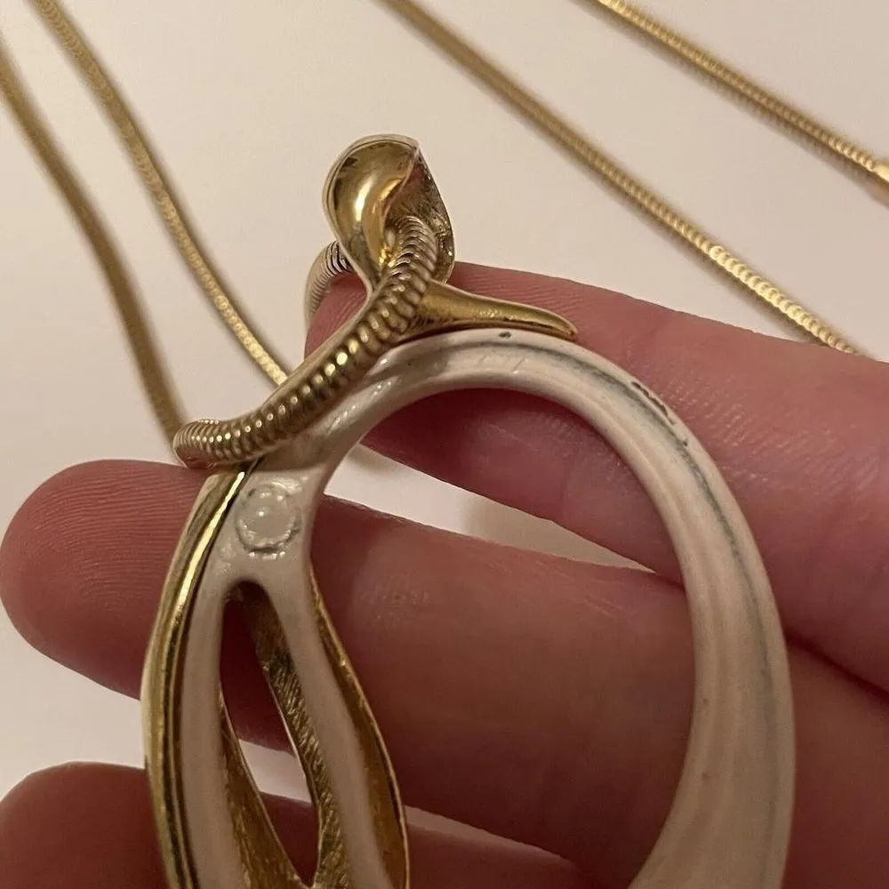 Trifari Costume Necklace - Gold Tone 28 Inch Chain Enamel Pendant Pinkish Cream - Image 5