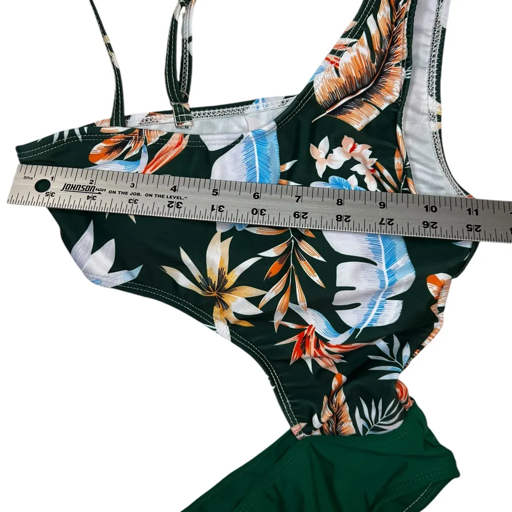 Swimwear One Piece Womens XS Teen Hawaiian Floral Print Green One Shoulder Beach - Image 5