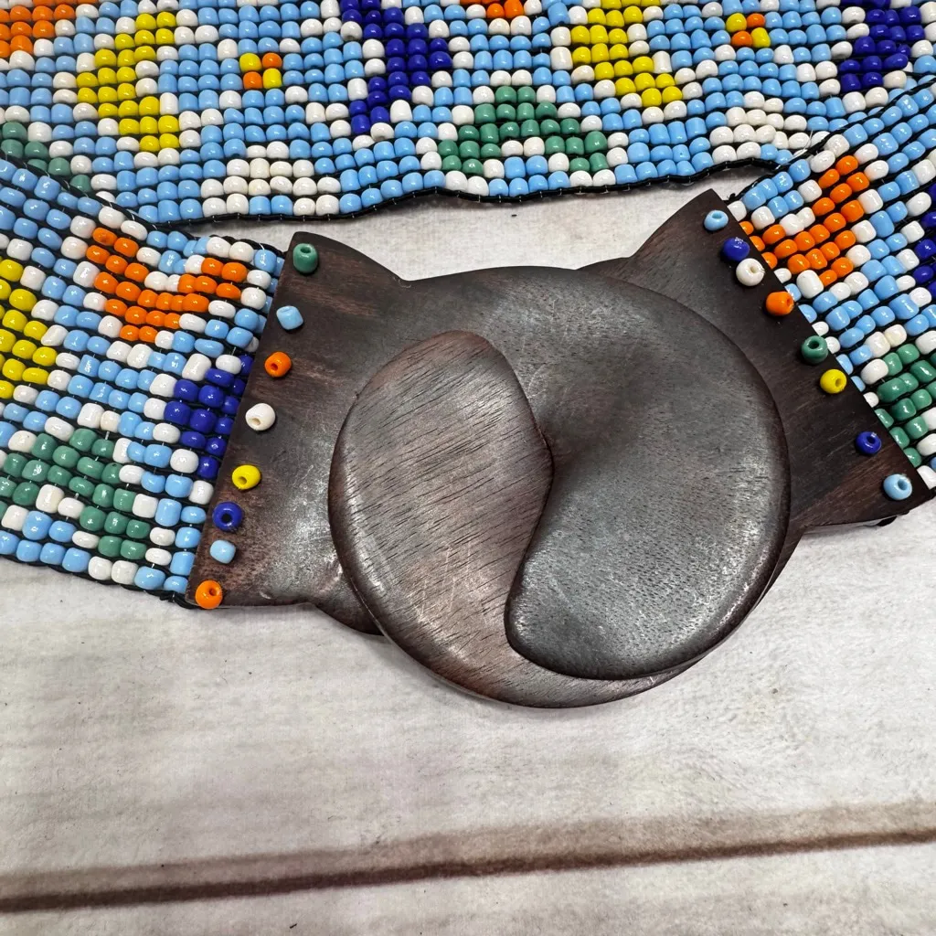 Vintage Handmade Beaded Stretch Belt Wood Buckle Southwest Indian Tribal Boho Blue - Image 3