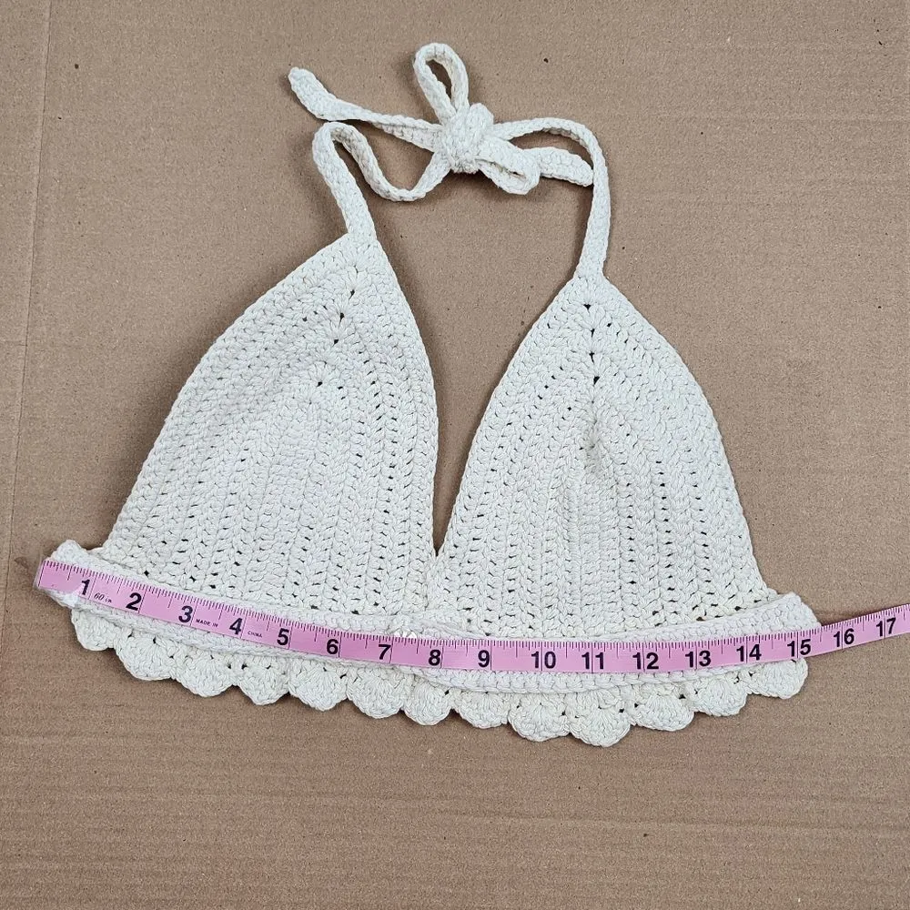 New Crochet Halter Top Bralette in Cream Cotton Scalloped Edge Handmade Size M - Image 7