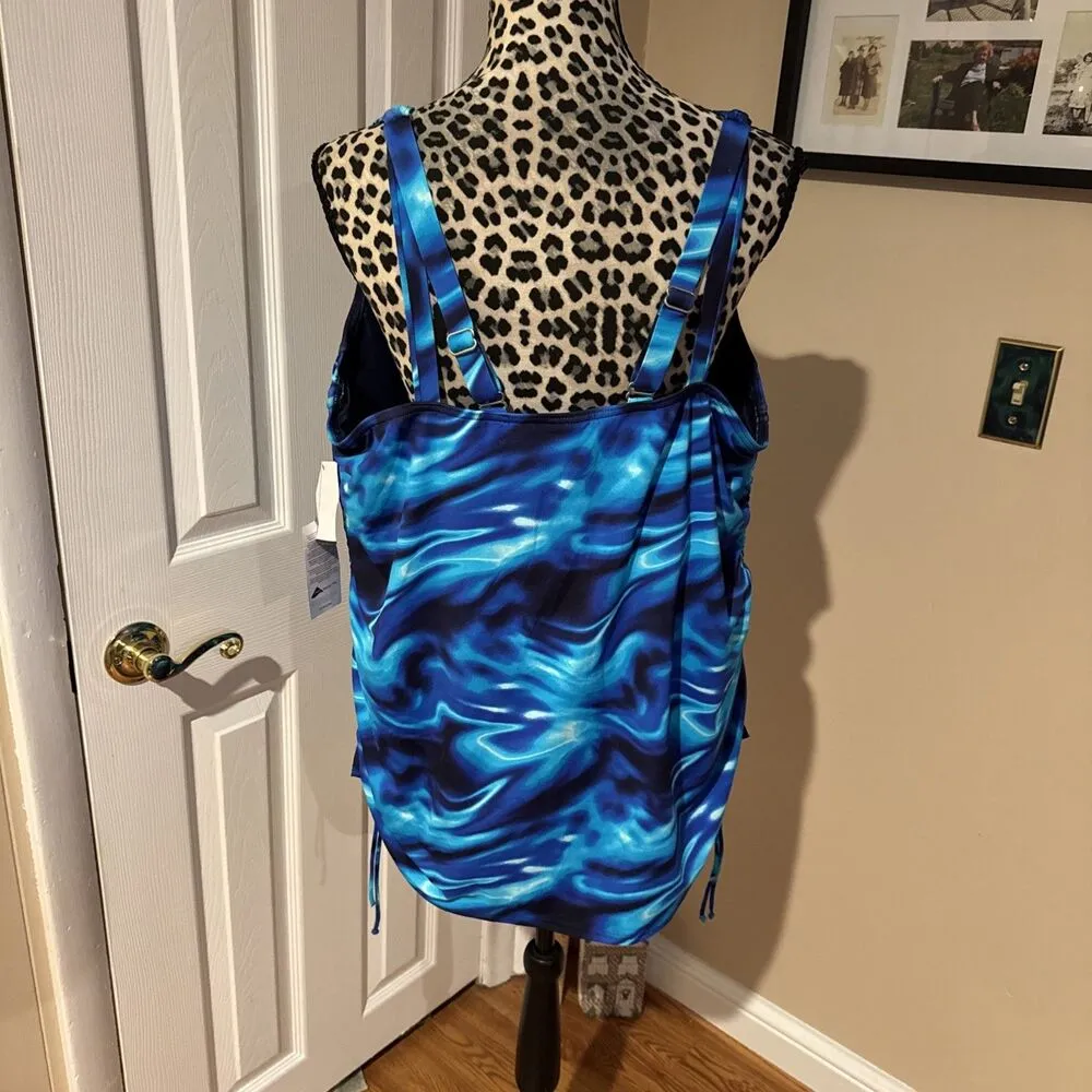 Lands End 24W Adjustable Swimsuit Tankini Top Underwire Blue Swirl Ruched New - Image 5