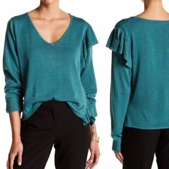 NEW NWT JOHN + JENN Asymmetrical Ruffle Sweater Teal Blue WOOL Blend V-Neck MED - Image 2